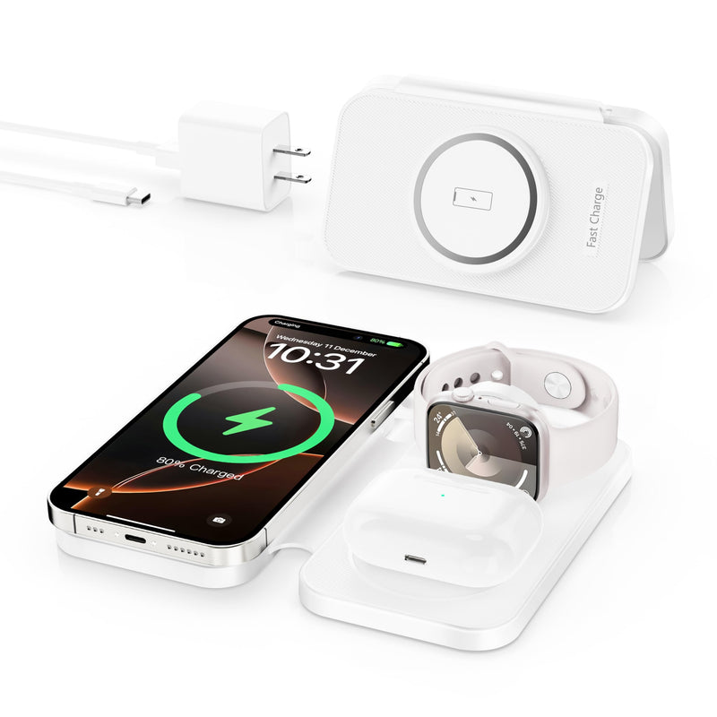2025 Latest Magnetic Wireless Charger for iPhone: 3 in 1 Travel Charging Station for Apple Devices for iPhone 16 15 14 13 12 Pro Max Plus-Foldable Charging Pad for Apple Watch Series & Airpods 3 2 Pro white