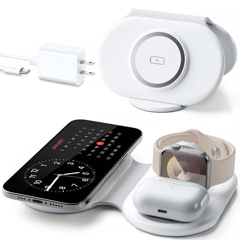 2025 Latest Magnetic Wireless Charger for iPhone: 3 in 1 Travel Charging Station for Apple Devices for iPhone 16 15 14 13 12 Pro Max Plus-Foldable Charging Pad for Apple Watch Series & Airpods 3 2 Pro white
