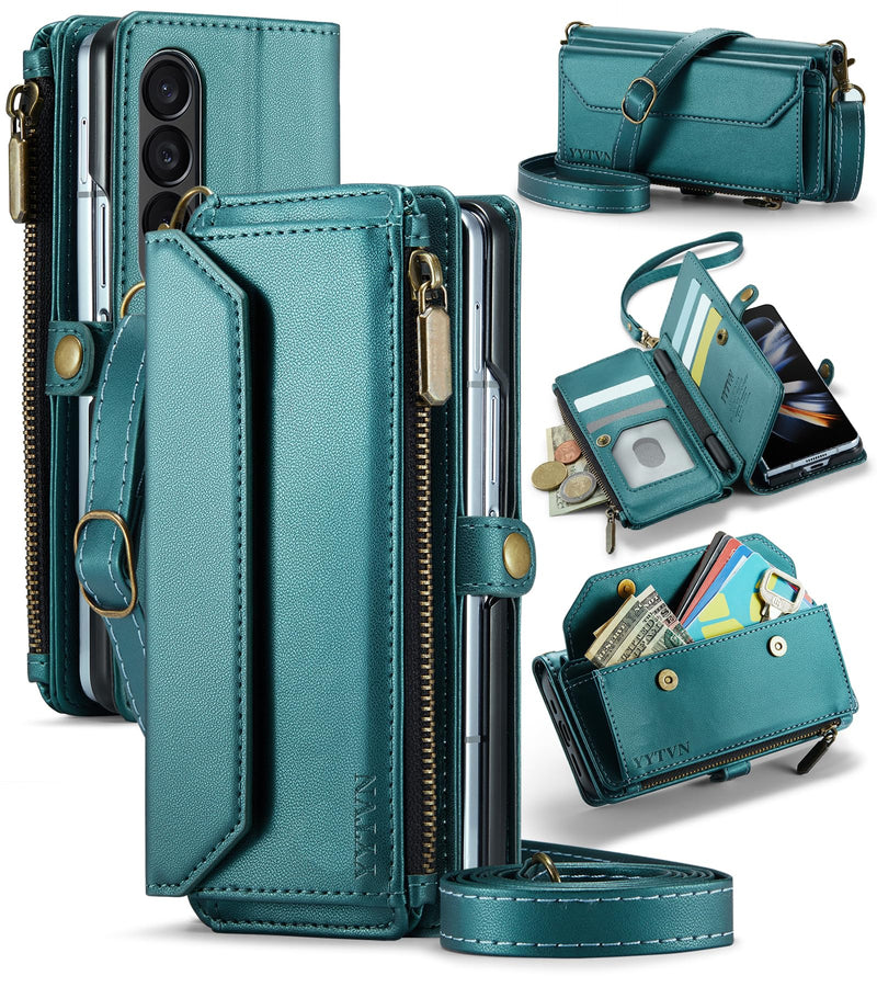 for Samsung Galaxy Z Fold 4 Wallet Case with Zipper Card Holder & Crossbody Lanyard Strap & Wrist Strap, RFID Blocking PU Leather Magnetic Flip Handbag Purse Case for Galaxy Z Fold 4 -Green 024-Green
