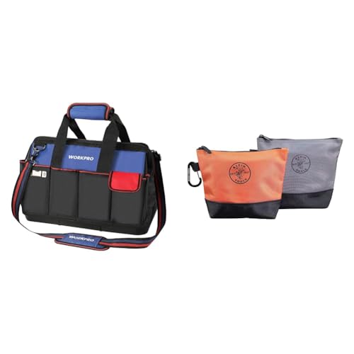 WORKPRO 18" Tool Bag with Waterproof Base, 20 Pockets & Klein Tools Utility Bags, Stand-Up Zipper, 1680d Ballistic Weave, 2-Pack