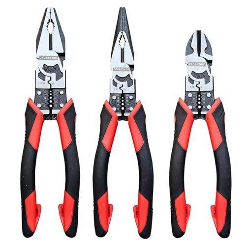 3PCS Combination Pliers Set, 9 In 1 Multifunction Electrician Tool, 8.5" Long Nose, 8.5" Linemens, 8" Diagonal Cutting Wire Stripper/Heavy Duty Side-Cut (Red/Black)