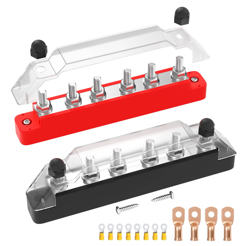 DaierTek Power Distribution Block 12V Bus Bar Terminal Block 150A 6 x 1/4" Terminal Studs 12 Volt for Automotive Marine Boat Solar System (Pair - Negative & Positive) 6xM6