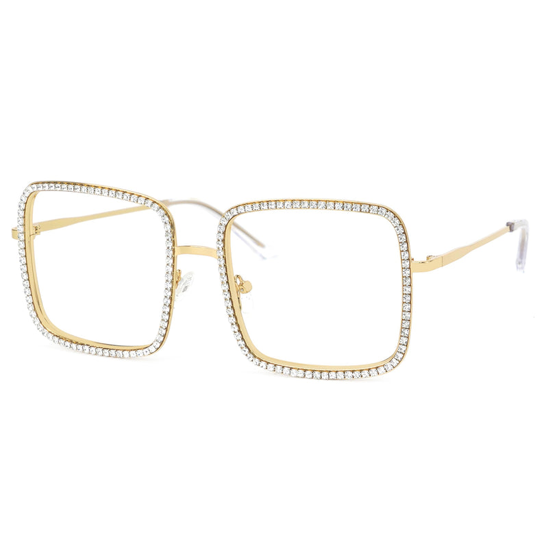 VOOGLAM Square Rhinestone Blue Light Glasses for Women Anti UV Eyestrain Computer Office TV Eyewear Metal Frame Gold Blue Light Blocking Lens