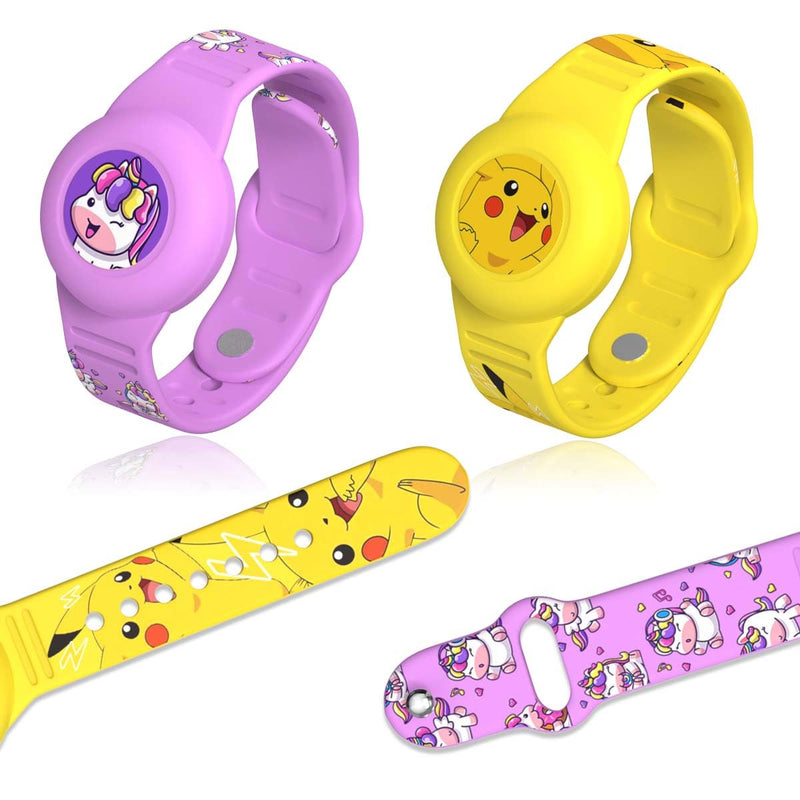 2 Pack Waterproof AirTag Bracelet for Kids,Cute Cartoon Design Soft Silicone Air tag Holder,Full Coverage Anti-Lost Accessories Compatible with Apple AirTag Hidden Holder for Children(Yellow & Purple) Yellow & Purple