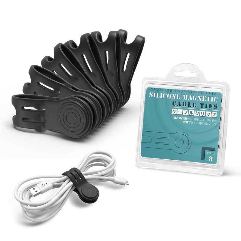 Magnetic Ties for Cords, Cord Wrap Silicone Zip Ties Twist Ties Magnet Strap for Smartphone Charger Earphone Video Game USB C Cables (8-Pack, Black) S-size