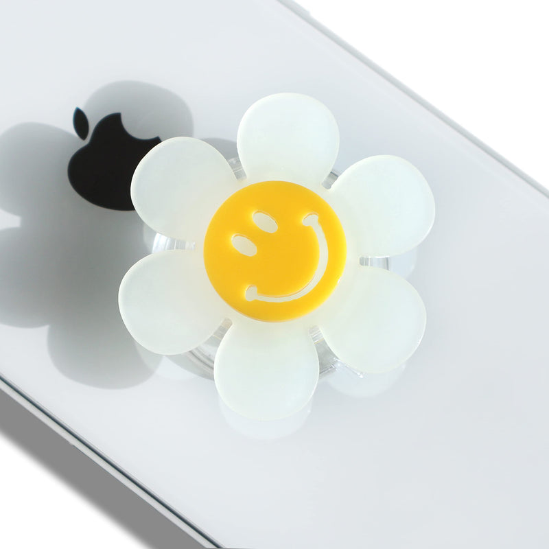 Cheerful Smiley Flower Phone Grip - Bright, Expandable, Collapsible - Comfortable Touch, Secure Grip (White) White