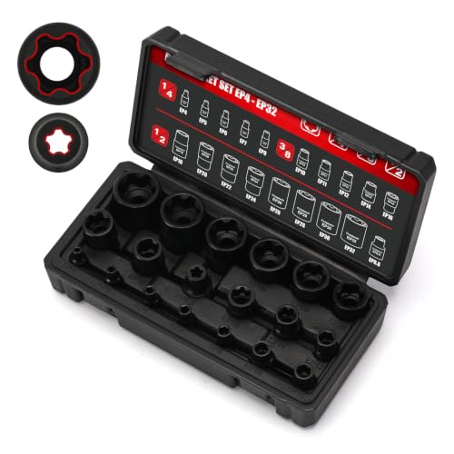 CASOMAN 19PCS External Torx Plus Socket Set, 6 & 5 Point EP Sockets EP4-EP32 with 1/2'', 3/8'' & 1/4'' Dr. EP8.8 Compatible with Tesla, Cr-V Steel
