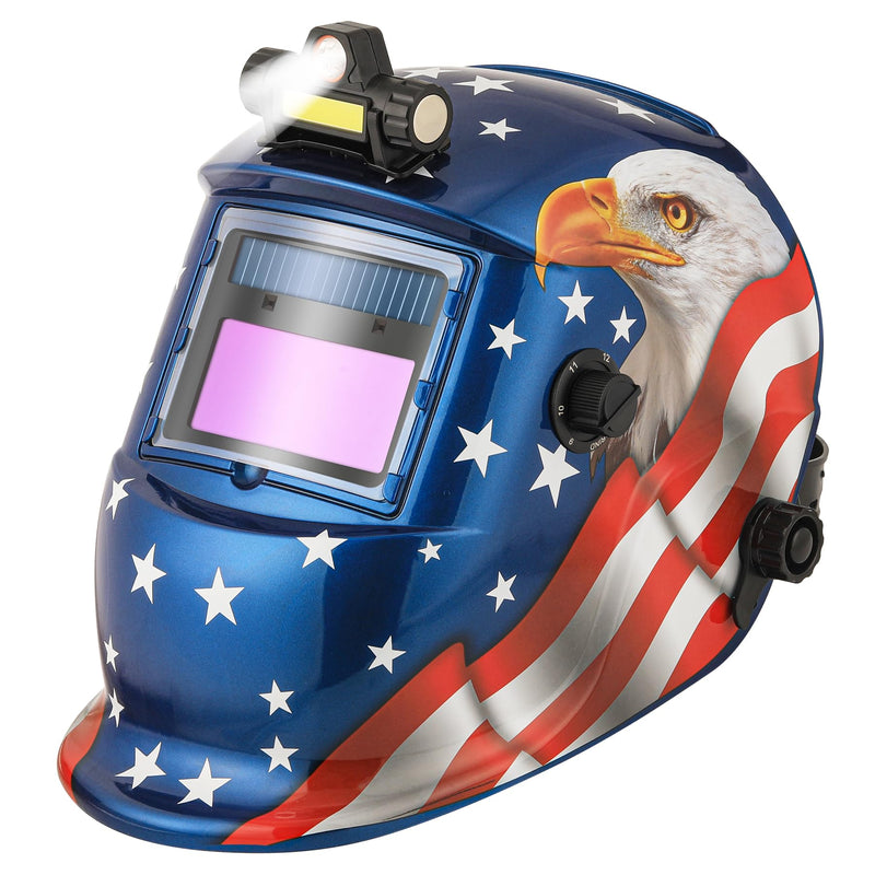 WR01A Welding Helmet Auto Darkening with LED Light True Color Solar Powered Welder Hood with Adjustable Shade Range 4/9-13 for Mig Tig Arc Welding Mask (Blue Eagle II) Blue Eagle II