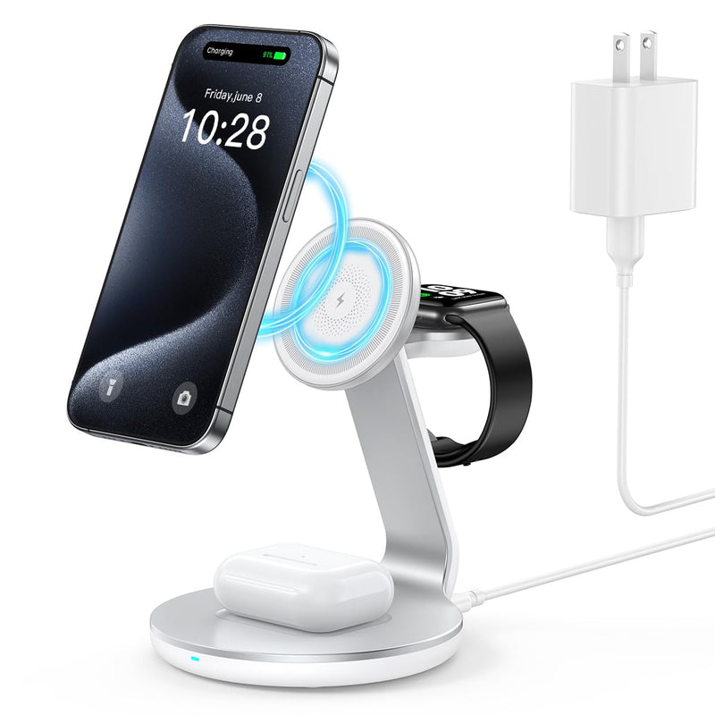 3 in 1 Charging Station Compatible with Magsafe Charger Wireless Charger Stand for iPhone 15 14 13 12 Series Wireless Charging Station for AirPods Wireless Charging Stand for iWatch Series Silver