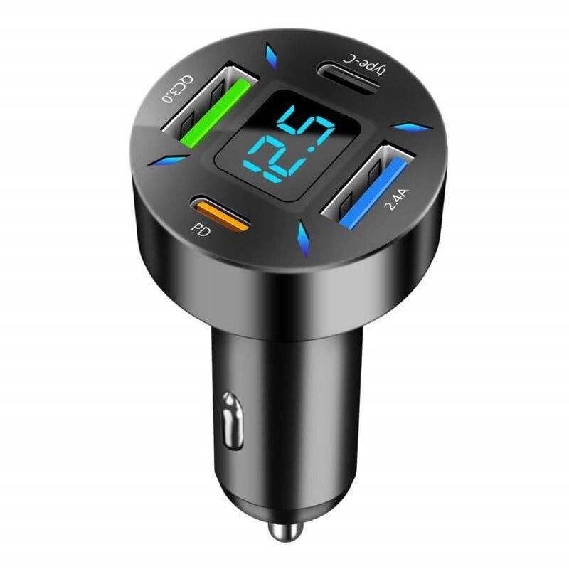 66W Car Charger Cigarette Lighter USB Charger, 4-Port Car Charger, 2 * USB 2.4 +PD+Type C Cigarette Lighter AdapterVoltmeter Compatible with Samsung/iPhone and other Android and iOS Devices
