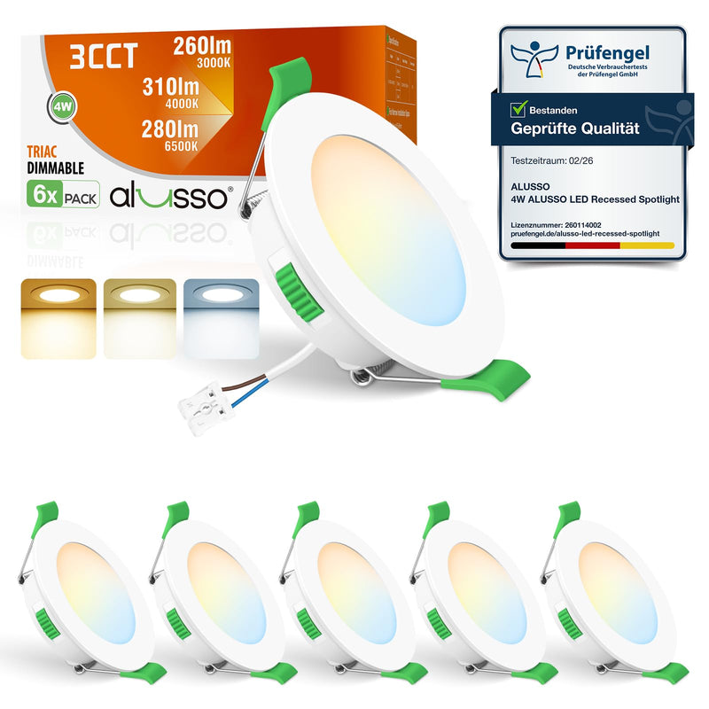 ALUSSO LED Recessed Spotlights, 230 V, 68 mm, Dimmable, 4 W, Ultra-Flat, 310 Lm, IP44, Warm White 3,000 K, Neutral White 4,000 K, Cool White 6,500 K, for Bathroom, Living Room, Set of 6. | 4W 310lm 3CCT, Dimmable, 3000K Warm White 4000K Neutral White 6...
