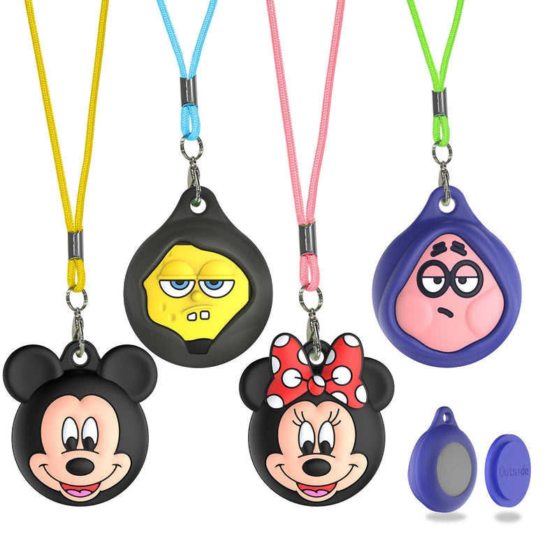 [4 Pack] Cute Cartoon Airtag Necklace with Adjustable Length, Silicone Air Tag Holder Hidden Anti-Lost with Key Ring Apple Airtag Case for Kids/Pet Tracking/Bags/Keys ((Black+Gray+Purple) Black+Gray+Purple