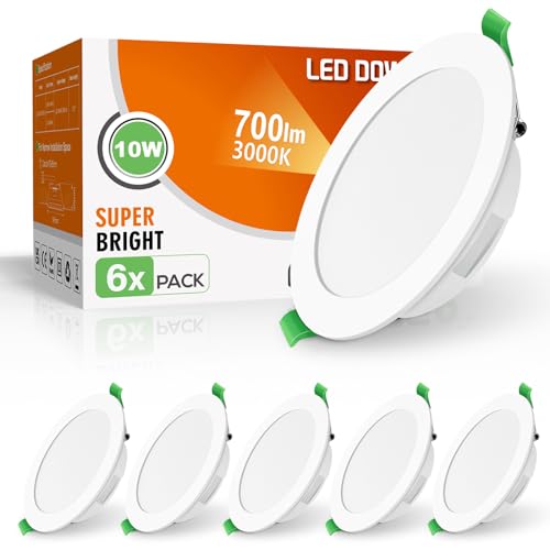 Alusso LED Recessed Spotlight, 230 V, Flat IP44, 10 W LED Spotlights, 700 lm, Set of 6 | Warmweiß 3000K Einbauleuchten, 30mm Ultra Flach, Einbauspot Loch 125-135mm, Deckenspots für Badezimmer Küche Wohnzimmer Warm White 3000 K, Set of 6