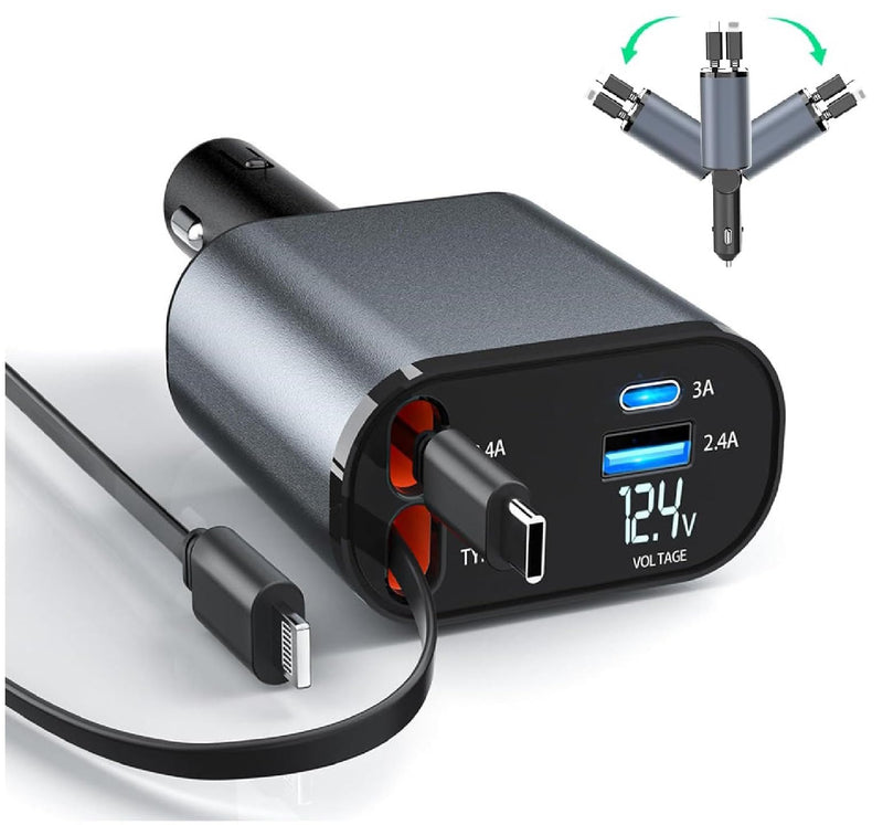 Retractable Car Charger, 4 in 1 Fast Charge Car Phone Charger Adapter 100W, Retractable Cables(2.6ft) for iPhone & Type-C, Cigarette Lighter Adapter for iPhone15/14/13 Pro Max, Galaxy, Pixel