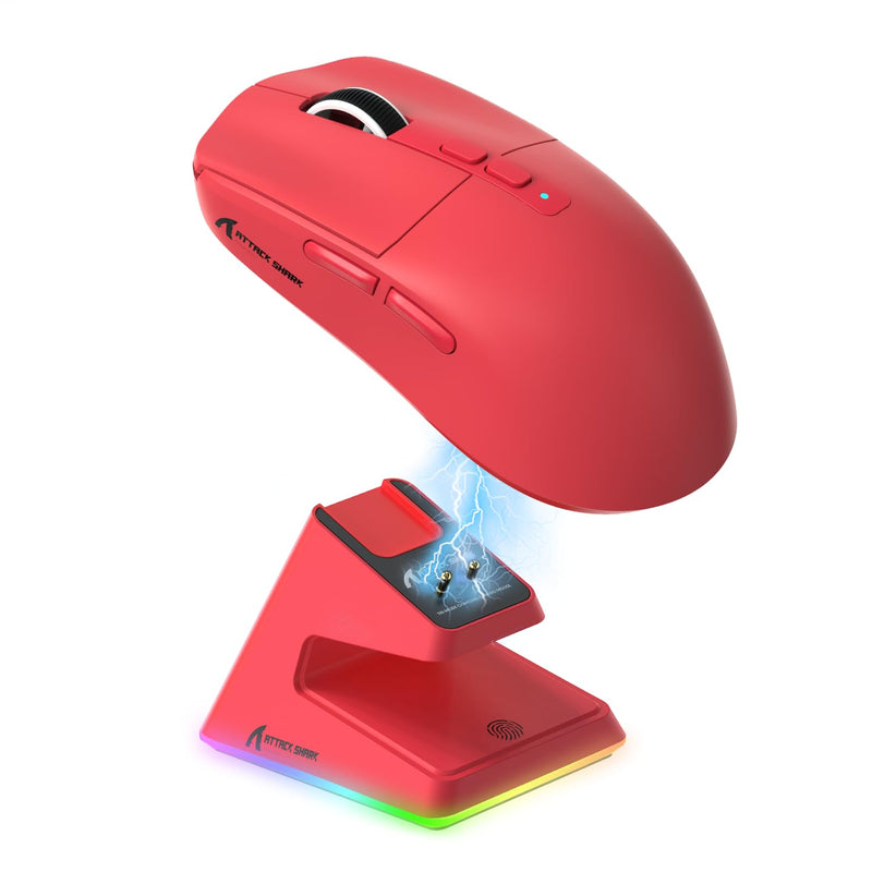 ATTACK SHARK X6 49g Superlight Wireless Gaming Mouse with Magnetic RGB Charging Base, Ultralight Mice PixArt PAW3395 Sensor, 26000DPI, BT/2.4G Wireless/Wired Mouse, 200Hrs Battery for Win/Mac (Red) Red
