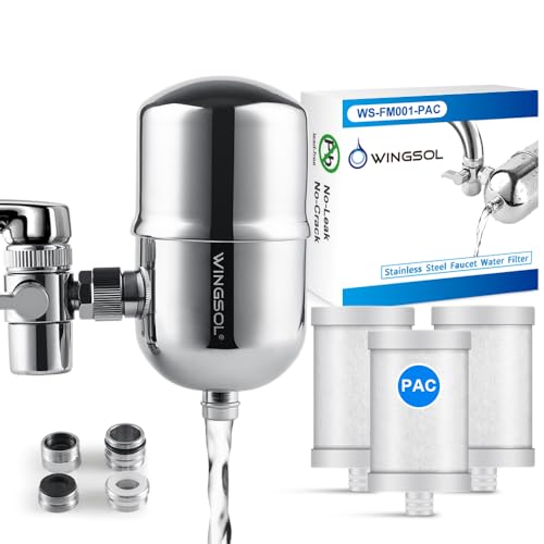 WINGSOL WINGSOL Faucet Water Filter Stainless-Steel 360° Rotating Water Filter for Sink, Reduce Chlorine, Heavy Metals and Bad Taste, 320G Long Lasting Sink Water Filter, 3 Filter Cartridges Included