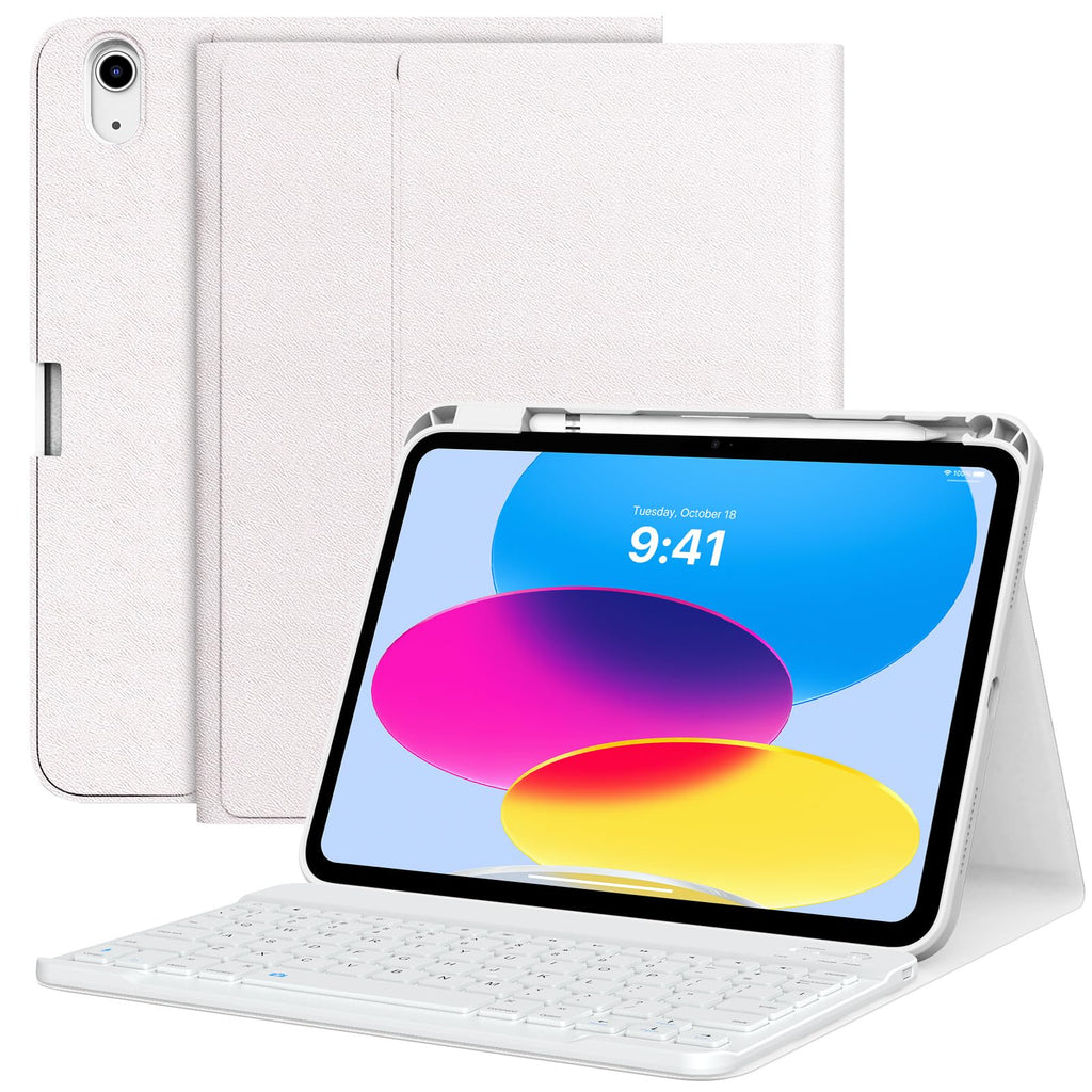 MoKo Keyboard Case for iPad 10th Generation Case with Keyboard, iPad 10th Generation Keyboard with Pencil Holder, Multi-Angle Detachable Bluetooth Keyboard for iPad 10th Generation, White