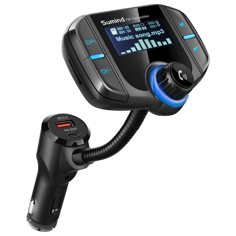 Upgraded Bluetooth FM Transmitter, Wireless Radio Adapter Hands Free Car Kit with 1.7'' Display, QC3.0 and Smart 2.4Amp Dual USB Ports, AUX Input/Output, TF Card Mp3 Player (PD, Black) PD