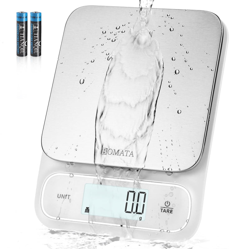 BOMATA Waterproof IPX6 Kitchen Scale, 0.1 g/0.01 oz High Precision, 5 kg/11 lbs, Digital Scale with Backlight, Stainless Steel Weighing Platform, for Food, Cooking, Baking, Weight Loss.. B619, White 0.1g/5kg Non-rechargeable White