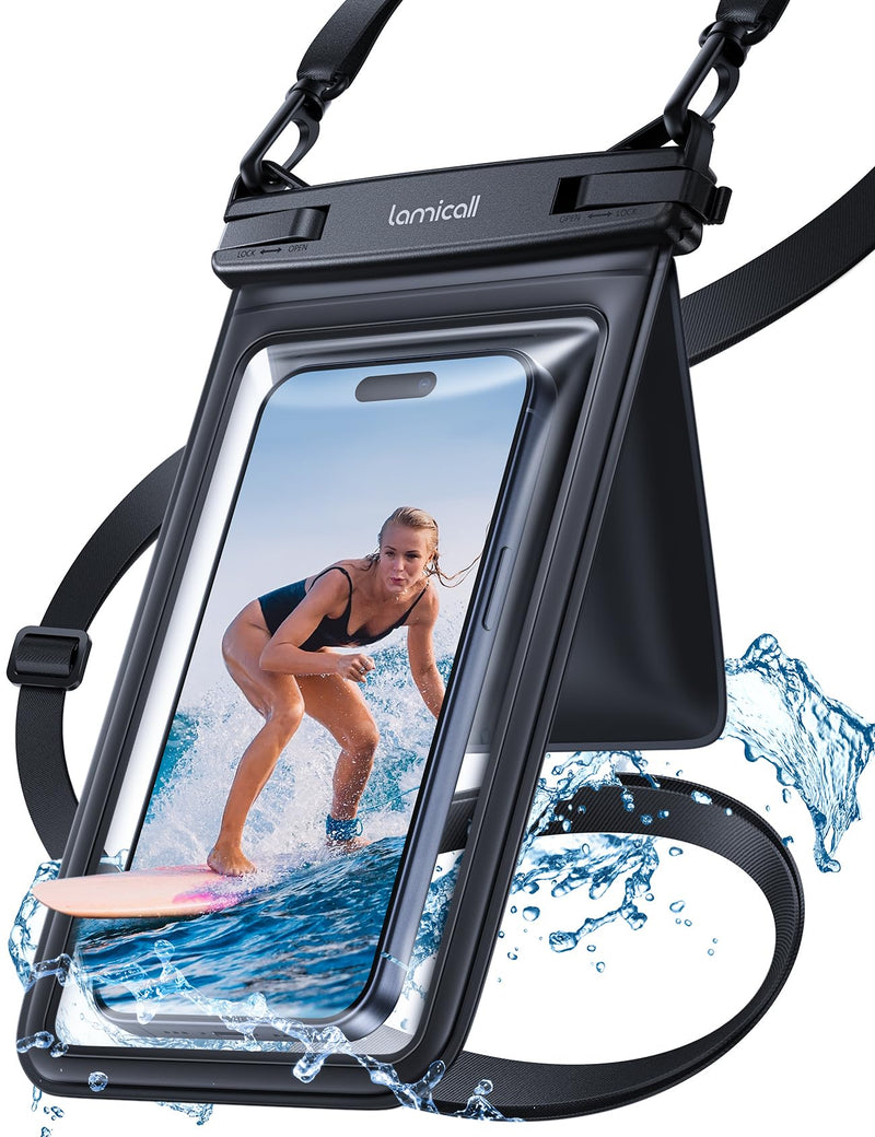 Lamcall Double Bag Waterproof Phone Pouch - IPX8 Waterproof Phone Case with Lanyard, Cell Phone Dry Bag Beach Essentials for iPhone 15/ Pro/Pro Max/Plus/14/13, Galaxy 24/23/22, 4-7.5" with Case Black