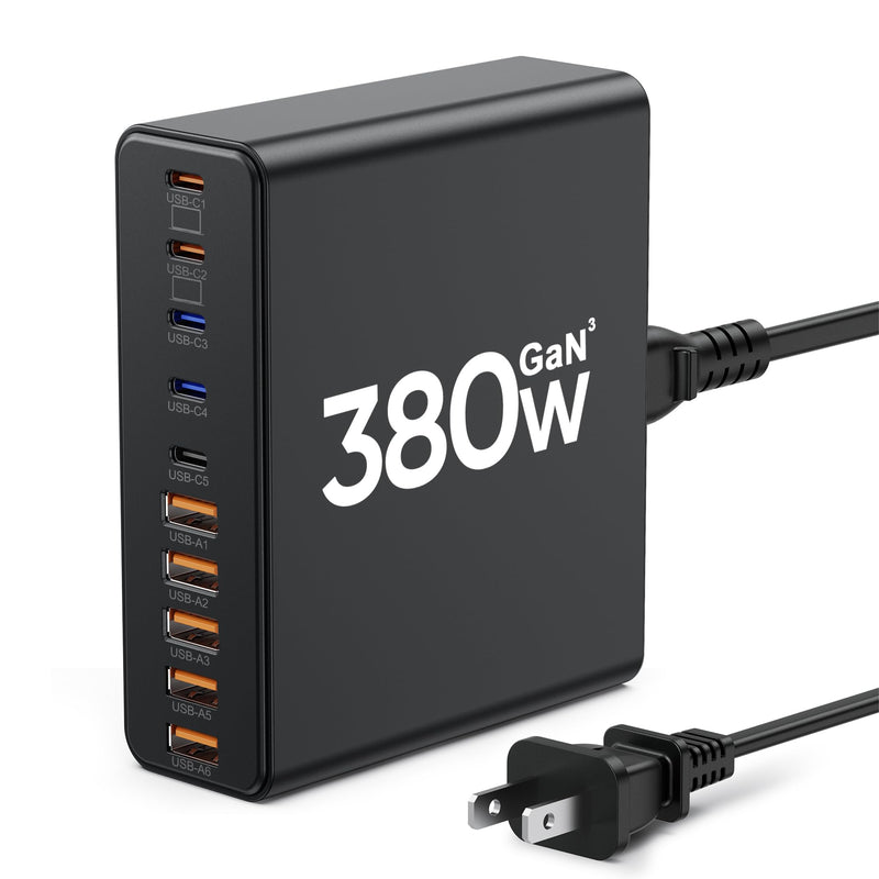 380W USB C Charger,10-Port USB C Charging Station GaN III Fast Charging Station Hub Laptop Adapter for MacBook Pro/Air,iPad,iPhone,Dell XPS,Samsung Galaxy(Black)