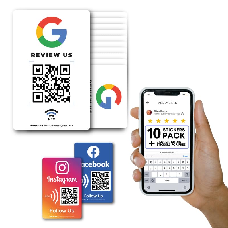 Reusable Review Tap Sticker for Google Reviews - 10-Sticker Pack - QR & Tap NFC Sticker - Review Us on Google Tap Sticker - iPhone & Android - Boost My Reviews Sticker - Set Up at Home | by MESSAGENES 10 Stickers