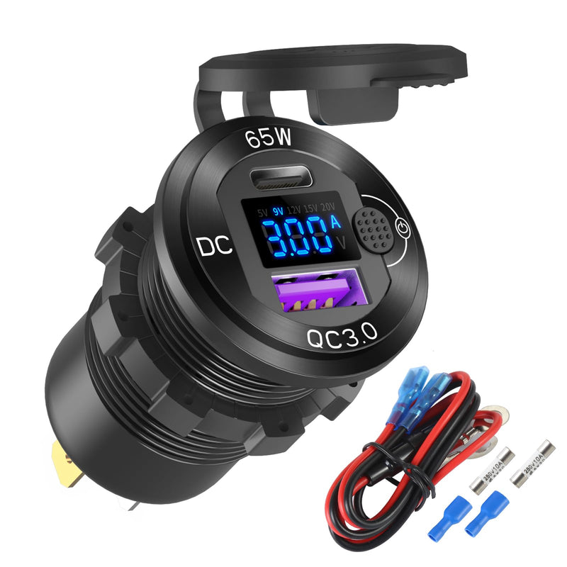 12V USB Outlet Aluminum Car Charger PD65W Car USB Port for Laptops, Quick Charge 3.0 USB Port for Car, Built-in Boost 15V 20V Output Socket Waterproof with Voltmeter and Switch for RV Marine Boat, etc