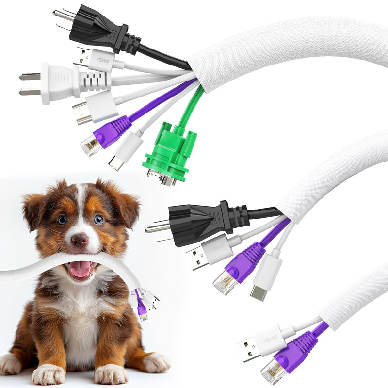 Dog and Cat Cord Protector 6.6ft - 3 Pack, Flexible Cable Sleeve for Easy Cord Management, Protects Cables from Pets Chewing, Ideal for USB, Power, Audio and Video Cords - White 6.56ft-1" 6.56ft-1/2" 6.56ft-3/8"