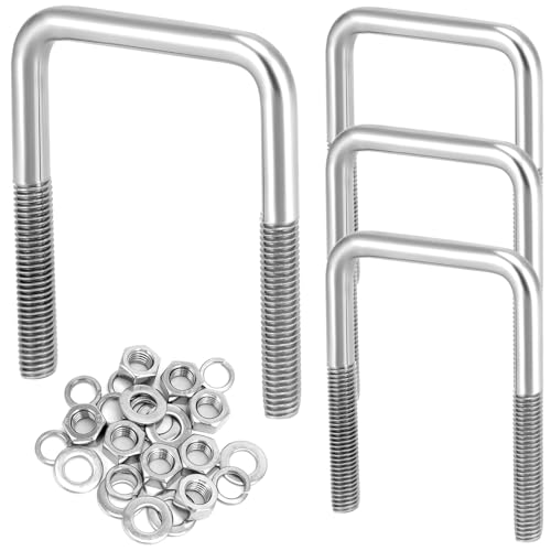 QWORK 304 Stainless Steel U-Bolts 1/2" D x 3 1/16" W x 4 5/16" L - 4 Pack Boat Trailer Ubolts for 3" Square Beams & Shafts with Lock Nuts & Washers, for Automotive, Marine & Industrial Use