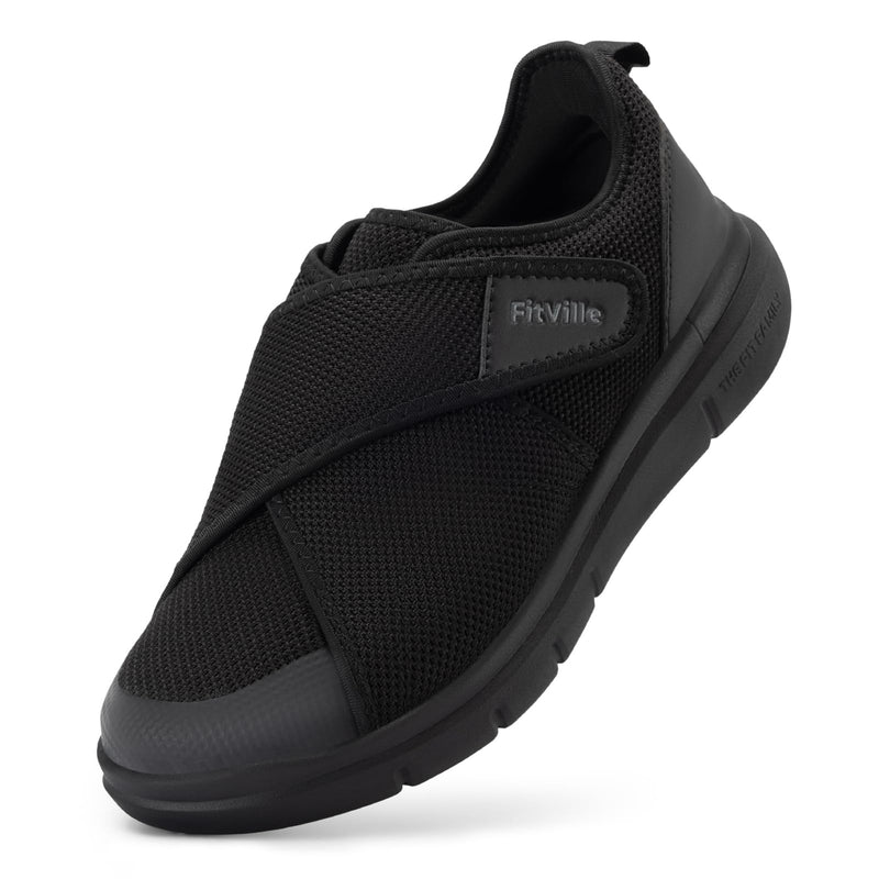 FitVille Men's Diabetic Shoes Extra Wide – Adjustable Closure Walking Shoes for Swollen Feet, Neuropathy & All-Day Standing Comfort – EasyTop V5 12.5 Wide Jet Black