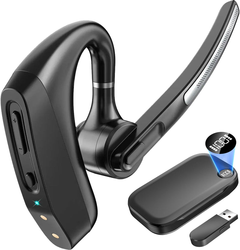 Bluetooth Headset with Noise Cancelling Mic, Wireless Headphones for Business & Office Teams, Dongle & Charging Case for iPhone Cell Phones, Trucker Work, Handsfree & Mute Buttons