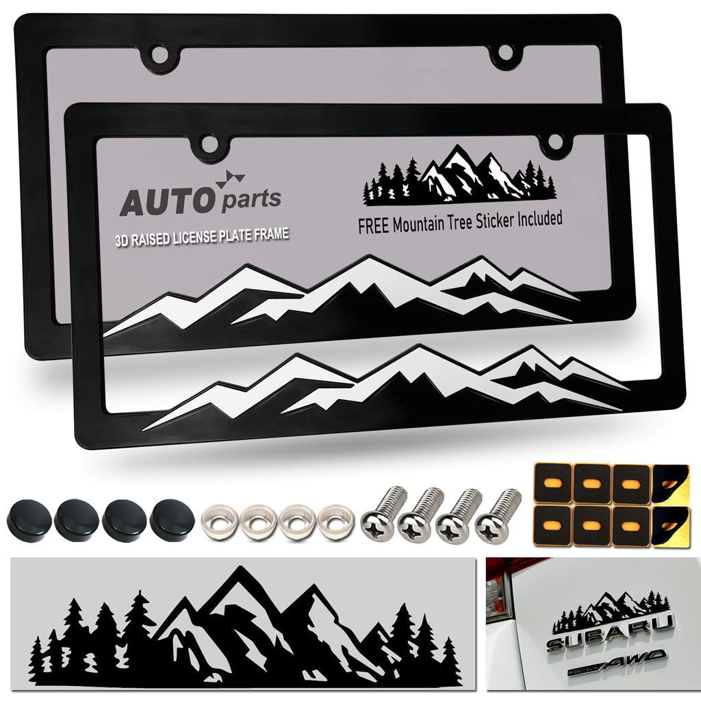 Mountain License Plate Frames- Plastic Black Car Tag Holder Bracket with Screws Caps, 2 Packs 2 Hole, White on Black, Mountain Vinyl Sticker Included