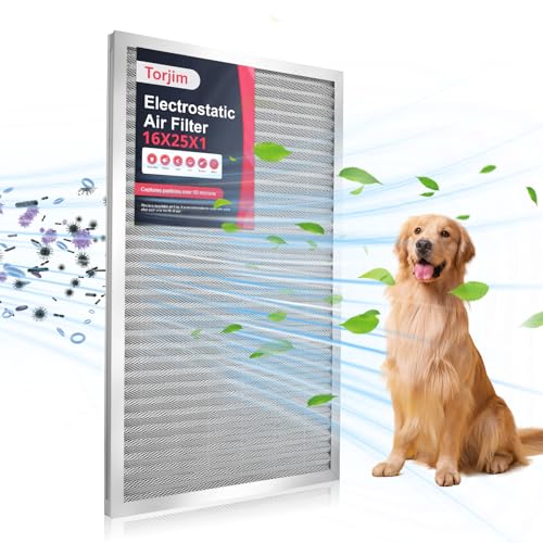Torjim 16x25x1 MERV8 Washable & Reusable Electrostatic Air Filter - AC/HVAC Furnace Filter, Permanent, Easy Install