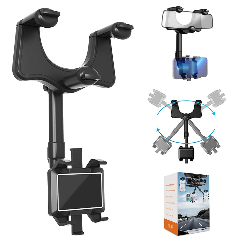 Rearview Mirror Phone Holder For Car, 2024 New Upgraded 360°Rotatable And Retractable Multifunctional Rear View Mirror Phone Holder, Universal Mount, Car Phone Holder Fit For All Phone and Car, blue black
