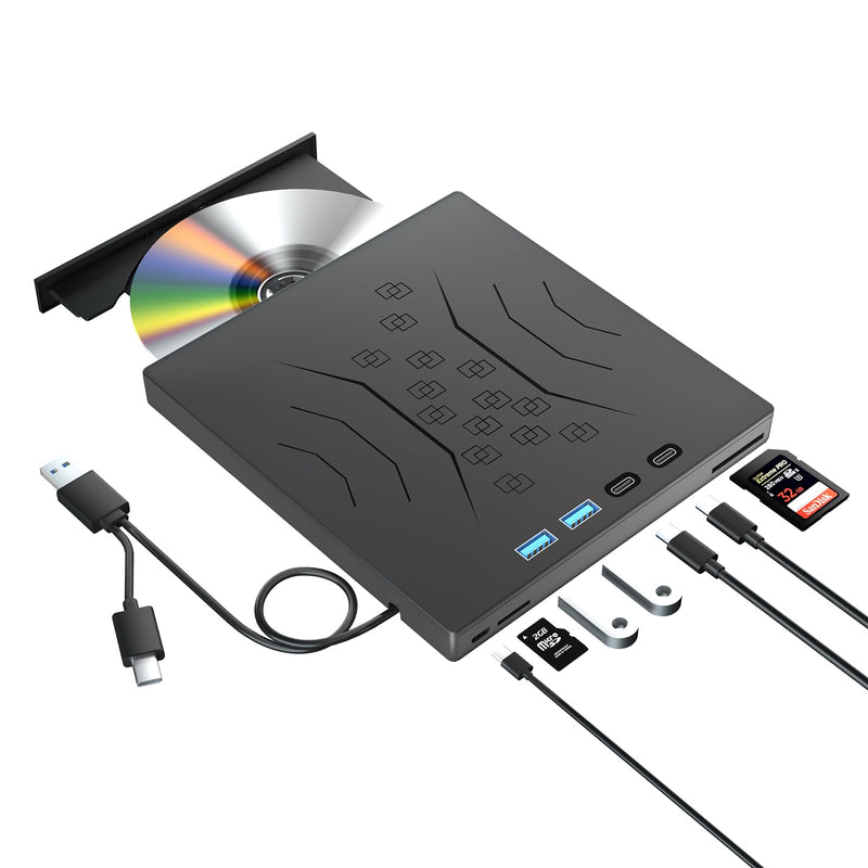 7 in 1 External DVD Drive, External CD/DVD Drive for Laptop USB 3.0 & Type-C, Portable CD/DVD +/-RW Disk Drive, CD/DVD Burner CD ROM External Drive for Laptop Desktop PC Windows 7/8/10/XP Mac Linux