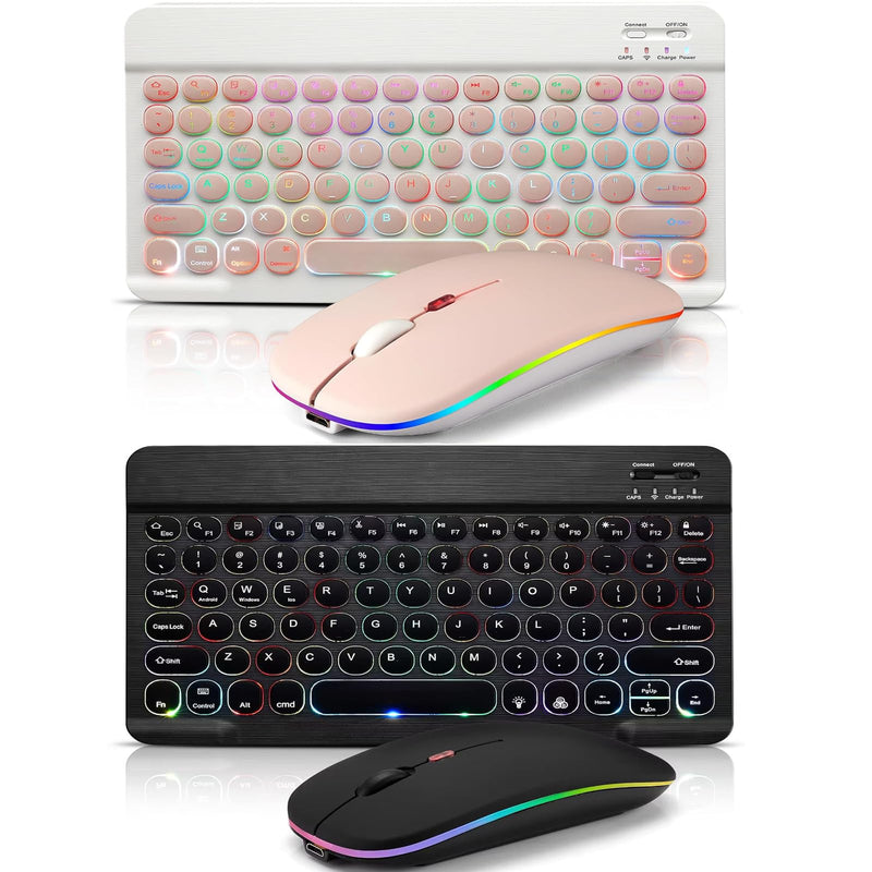 2 Pack Ultra-Slim Bluetooth Keyboard and Mouse Portable Rechargeable 7-Color Backlit for Apple iPad iPhone Samsung Tablet iPhone Smartphone iOS Android Windows Round keys(Black+Pink) black+pink