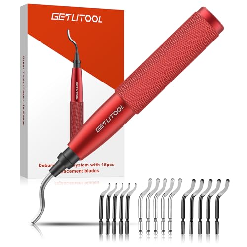 GETLITOOL Deburring with 16 Blades, 360° Rotating Blade, Hand Deburrer, Metal Handle with Storage Space, Universal Deburring Tool for 3D Printers, Plastic, Stainless Steel, Aluminum, Metal (Red)