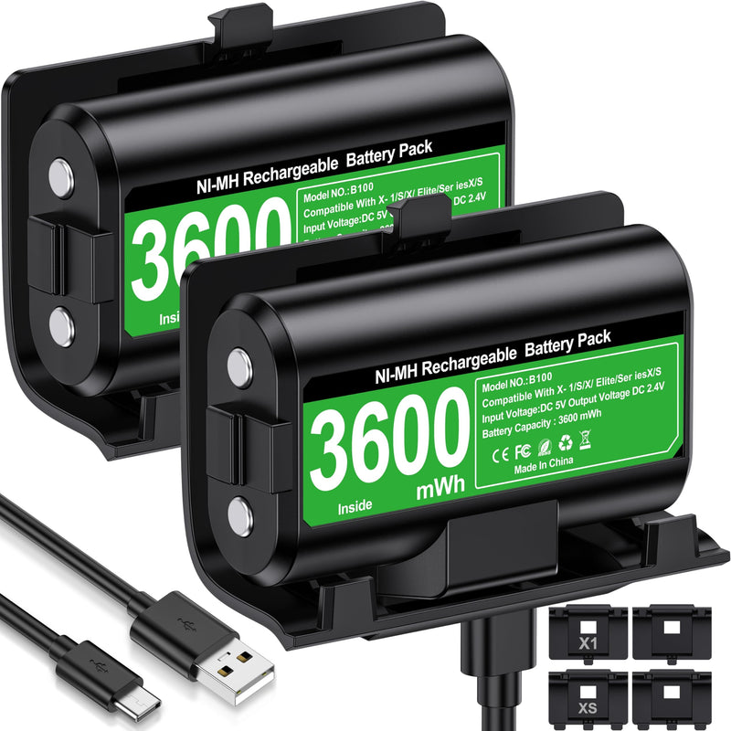 Rechargeable Xbox One Controller Battery Pack with 4 Back Covers: USB C Charging Cable 2 x 3600mWh Xbox One Controller Battery Play and Charger Kit for Xbox Series X/S Black