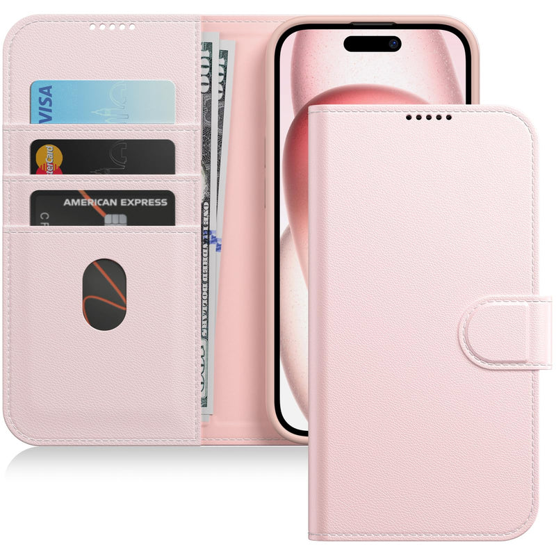 JETech Wallet Case for iPhone 15 6.1-Inch, Shockproof PU Leather Magnetic Flip Cover with Card Holder, Stand Feature and Full Camera Protection (Pink) Pink