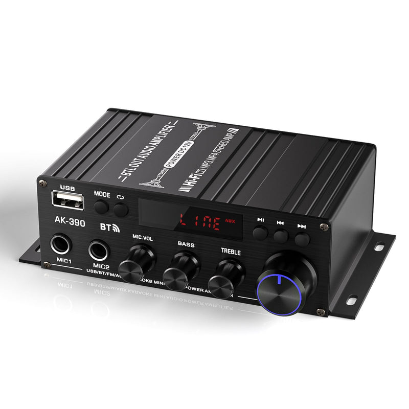AK-390 2.0CH Stereo Amplifier, Max 400W HiFi Stereo Amplifier, Bluetooth 5.0 Home Audio Power Amplifiers with MIC/RCA/USB/SD for Car Home Karaoke Bar Garage, Remote Control & Power Adapter