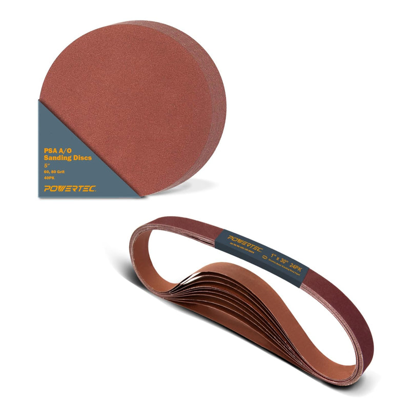 POWERTEC 1x30 Sanding Belts + 5 Inch PSA Sanding Disc Set, 64PK, Aluminum Oxide 4 Each 60/80/120/180/240/400 Grits 1 x 30 Sanding Belt & 20 Each 60/80 Grits Adhsive Sanding Discs (45501) 5" Asst+Belt 64pk