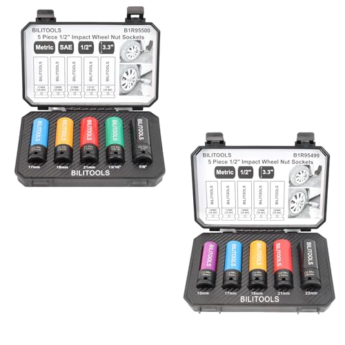 BILITOOLS 1/2 inch Drive Impact Lug Nut Socket Set, 15 17 19 21 22 MM & 17-19 - 21 mm & SAE 13/16-7/8 inch Non-Marring Thin Wall Wheel Nut Socket