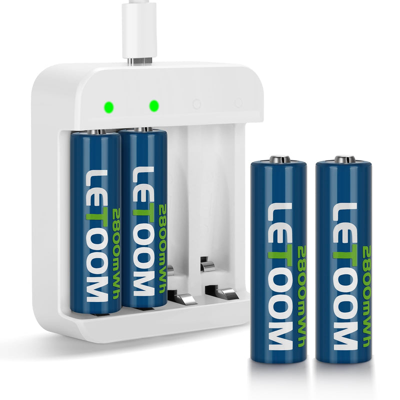 Lithium AA Batteries Rechargeable 4 Pack with Charger 1.5V, 2800mWh 2-Hour Fast Charge 1600 Recharge Cycles for Blink Batteries, Xbox, and Toys