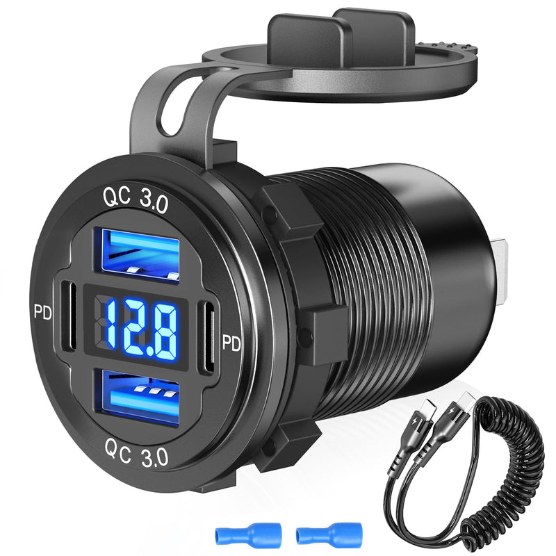 12V USB C Outlet 78W 4 Ports Aluminum Car Charger Socket, Dual PD 30W and Dual QC 18W Car USB Port 12V Charger with Voltmeter and C to C Cable, Suitable for Boat Marine Bus Truck Golf RV Motorcycle