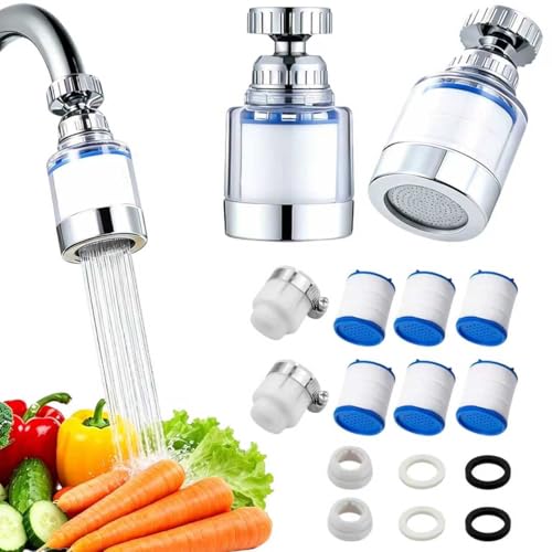 Pack of 2 Water Filter Tap, 360° Tap Filter | With 6 pieces PP cotton filter element and universal adapter, faucet filter for home, kitchen, bathroom, sink