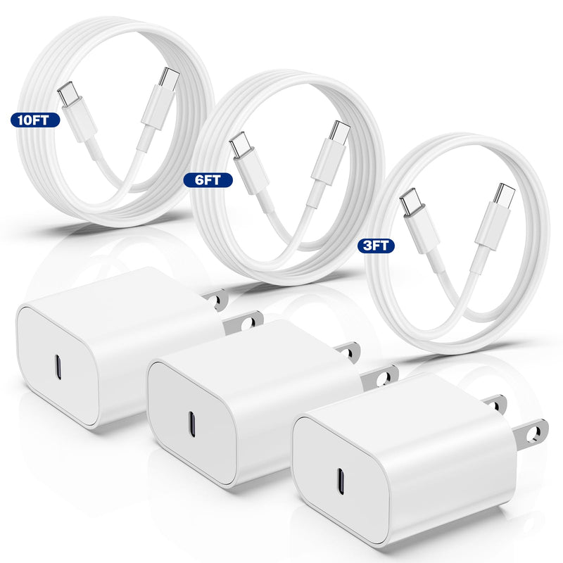 iPhone 15 Charger Fast Charging 3-Pack, 20W Type C Charger[3+6+10FT] USB C Wall Charger Cables for iPhone 15/15 Plus/15 Pro Max, iPad Pro/Air/AirPods/Samsung