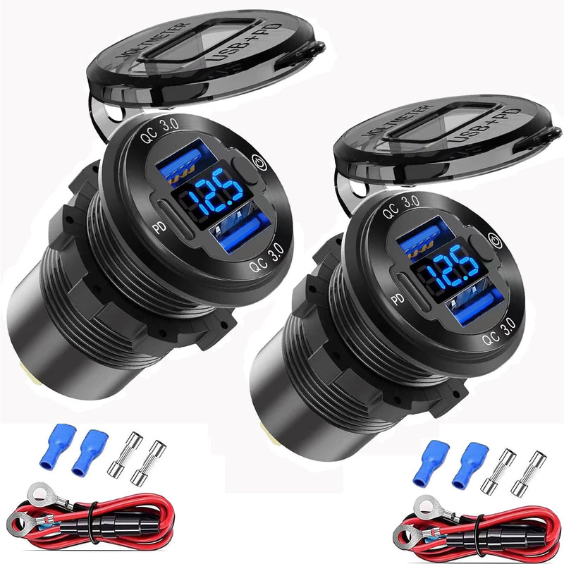 2 pack 12V USB Outlet Wire Aluminum Car Charger Multi Port, Dual USB Quick Charge 3.0 Port and PD USB C Socket with Voltmeter Switch for Car Boat Marine Truck RV, Fast Charge for Phones iPad, etc.