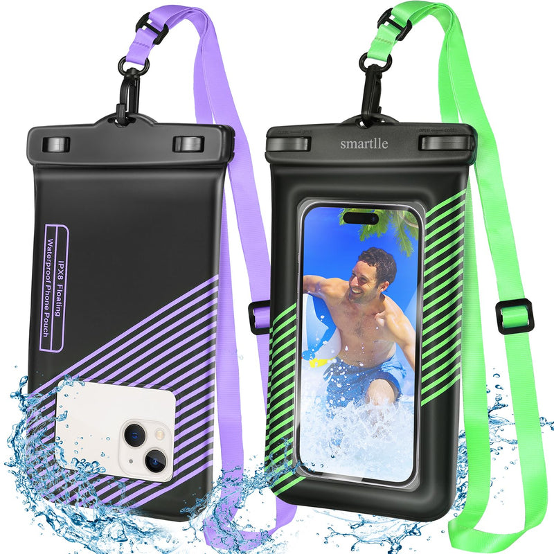 Floating waterproof phone pouches bags, IPX8 floatable cell phone water protectors cases 2 pack w/Adjustable Neck Lanyard, for iPhone 15 14 13 Pro Max 12 11, for Galaxy S24 S23 Ultra 7" Bright Green+Purple