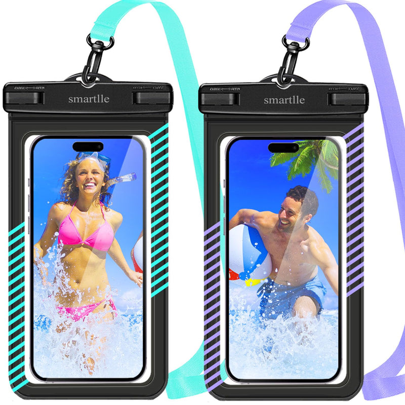 Waterproof Phone Pouches Bags Holder, Cell Phone Water Protectors Pouch Bag 2 Pack for Swimming, IPX8 Water Proof Phone Cases pouch for iPhone 15 14 13 Pro Max 12 11, for Galaxy S24 S23 Ultra 7" Cyan+Purple