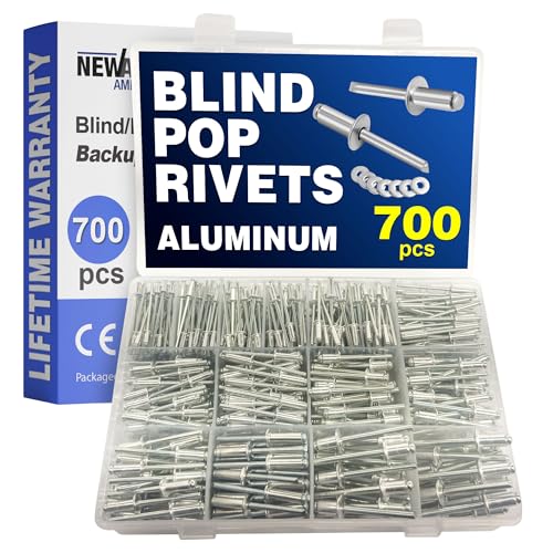 New Age America® 700pcs Blind Pop Rivets & Backup Washers | 3/32" to 1/4" | Silver | 14 Sizes | SAE Size Aluminum Rivets & 304 Stainless Steel Backup Washer | Rivet Kit w Steel Mandrel | Labelled Case 700 PCS Rivets & Washers